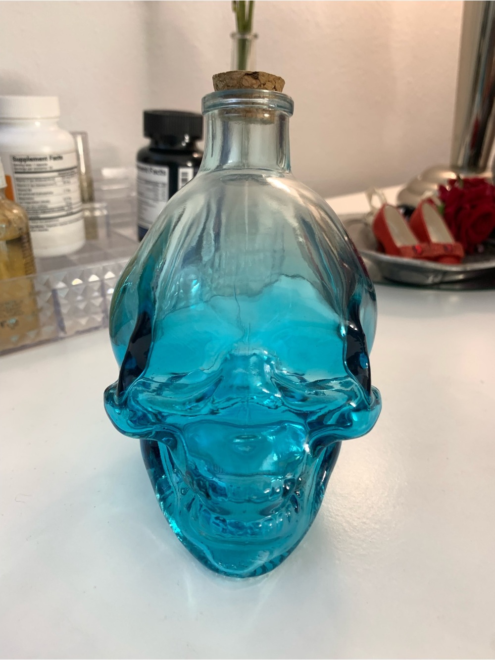 Blue Glass Skull Bottle Decorative Accent - Unknown Brand